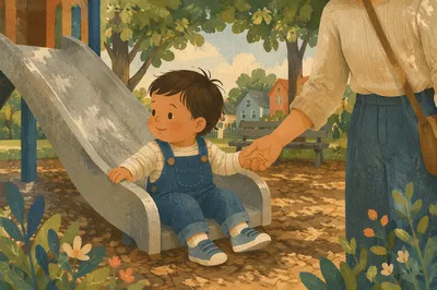 Happy Toddler on Park Playground Slide