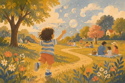 Joyful Child Running Toward Bubbles in Park