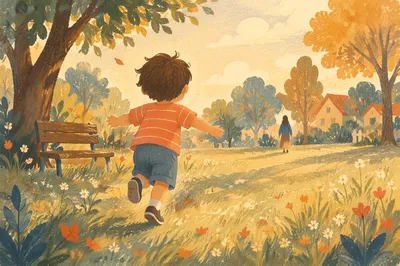 Happy Child Running Through Golden Park