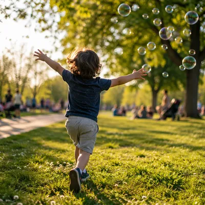 Joyful Child Chasing Bubbles in Park