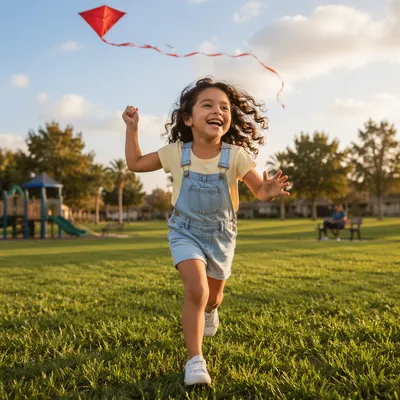 Joyful Girl Running with Kite in Park