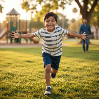 Happy Boy Running in Neighborhood Park