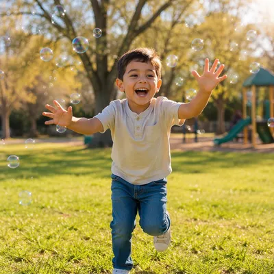 Joyful Boy Chasing Bubbles in Park