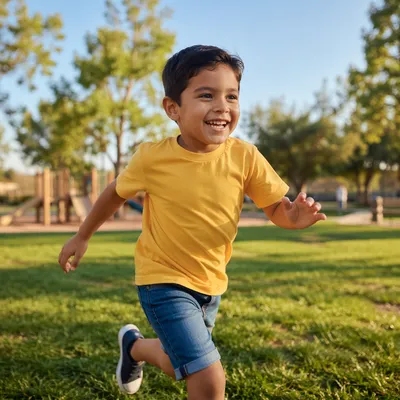 Happy Boy Running in Sunny Park