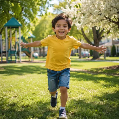 Smiling Boy Running in Spring Park