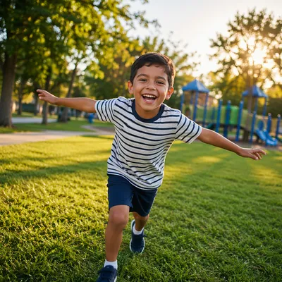 Happy Young Boy Running in Park