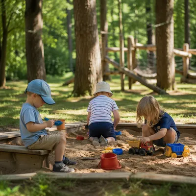Happy Children Playing in Forest Park Sandbox