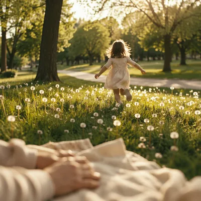 Happy Child Running Through Dandelion Park