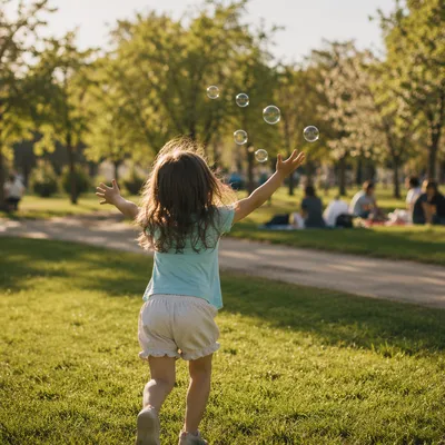Happy Child Running Through Sunlit Park
