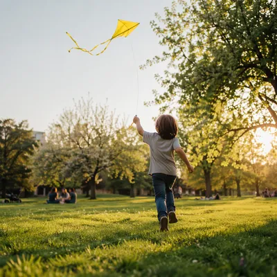 Happy Child Running With Yellow Kite