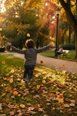 Happy Child Running Through Autumn Park