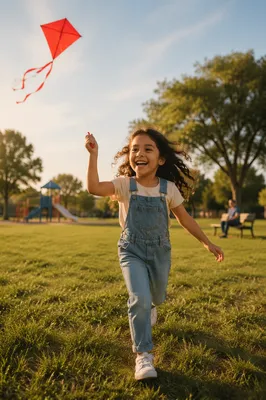 Joyful Girl Running with Red Kite