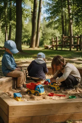 Happy Children Playing in Forest Park Sandbox