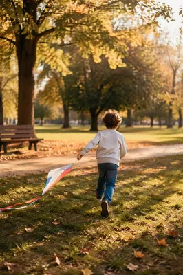 Happy Child Running With Kite in Park