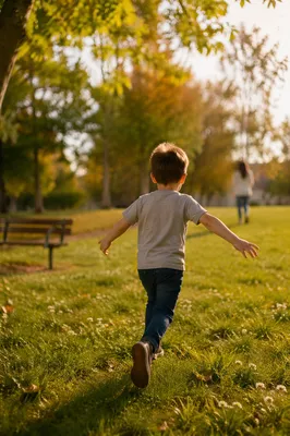 Happy Child Running Through Golden Park
