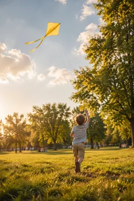 Happy Child Running With Yellow Kite