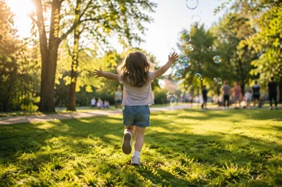 Joyful Child Running Through Sunny Park