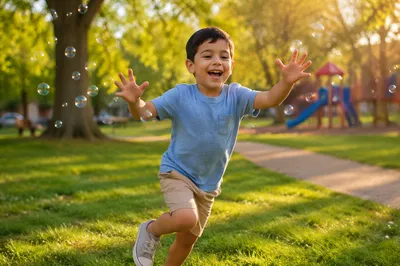 Joyful Boy Chasing Bubbles in Park