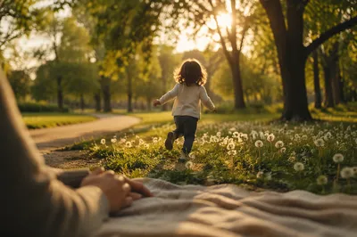 Happy Child Running Through Sunlit Park
