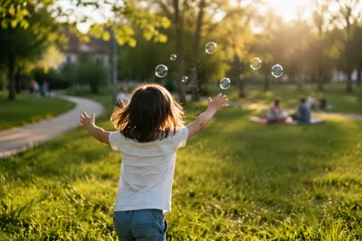 Happy Child Running Toward Bubbles in Park