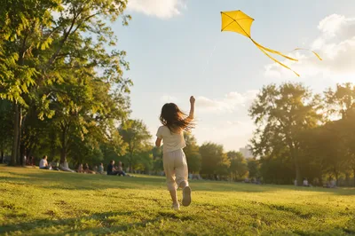 Happy Child Running With Yellow Kite