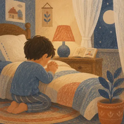 Child Praying Beside Bed at Night