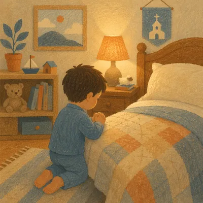 Child Praying Beside Bed at Night