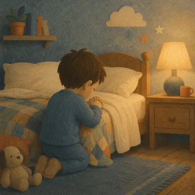 Child Praying Beside Bed at Night