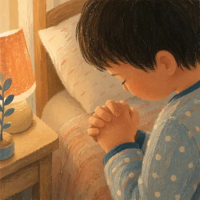 Child Praying Beside Bed at Night