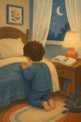 Child Praying Beside Bed at Night