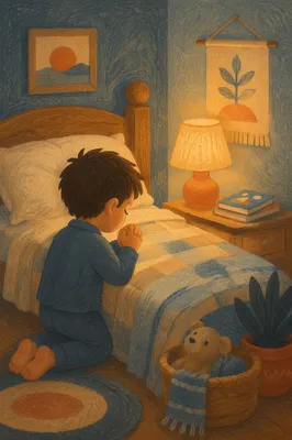 Child Praying Beside Bed at Night