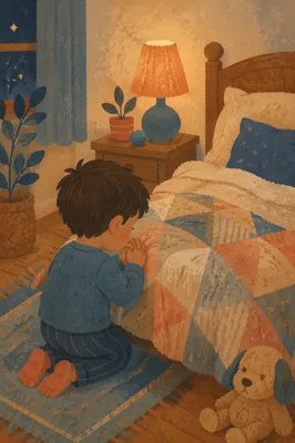 Child Praying Beside Bed at Night
