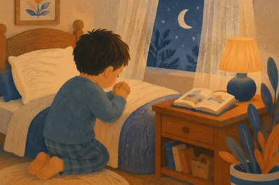 Child Praying Beside Bed at Night