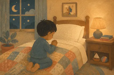 Child Praying Beside Bed at Night