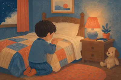Child Praying Beside Bed at Night