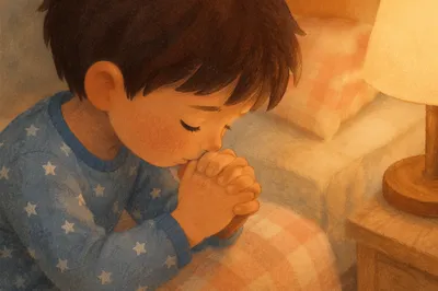 Child Praying Beside Bed at Night