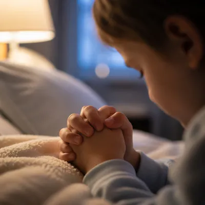 Child Bedside Prayer in Warm Evening Light