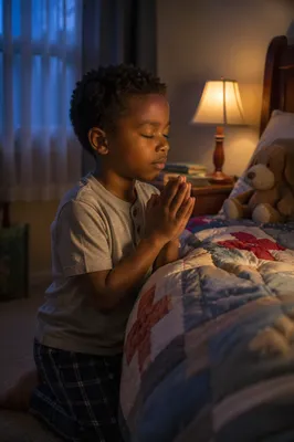 Young Boy Praying Beside Bed at Dusk