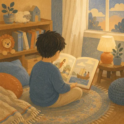 Child Reading Bible Picture Book at Home