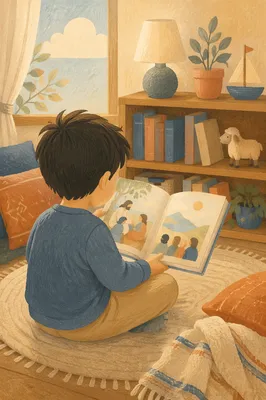Child Reading Children's Bible at Home