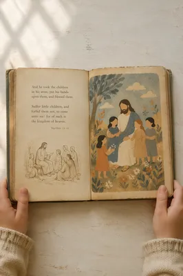 Child Holding Vintage Bible Picture Book