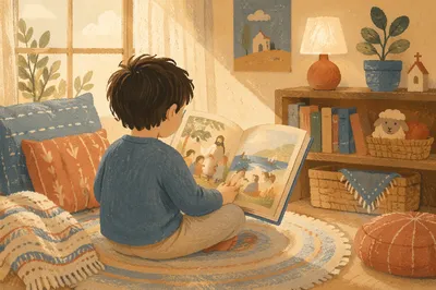 Child Reading Bible Book in Cozy Room