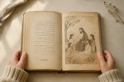 Child Reading Vintage Bible Picture Book
