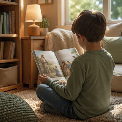Child Reading Bible Book at Home