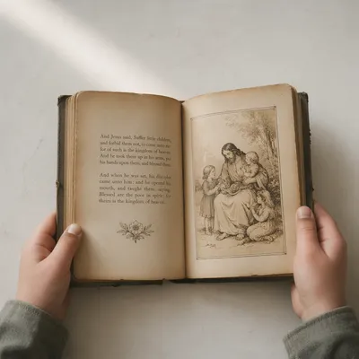 Child Holding Open Vintage Bible Book
