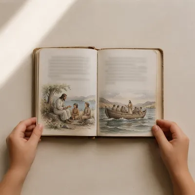 Child Reading Children's Bible From Above