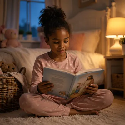 Young Girl Reading Childrens Bible at Bedtime