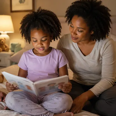Mother and Child Reading Bible at Bedtime