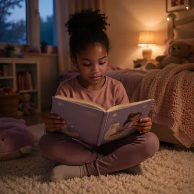 Young Girl Reading Picture Book at Bedtime