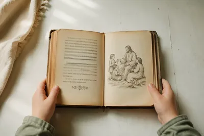Child Holding Open Vintage Bible Book